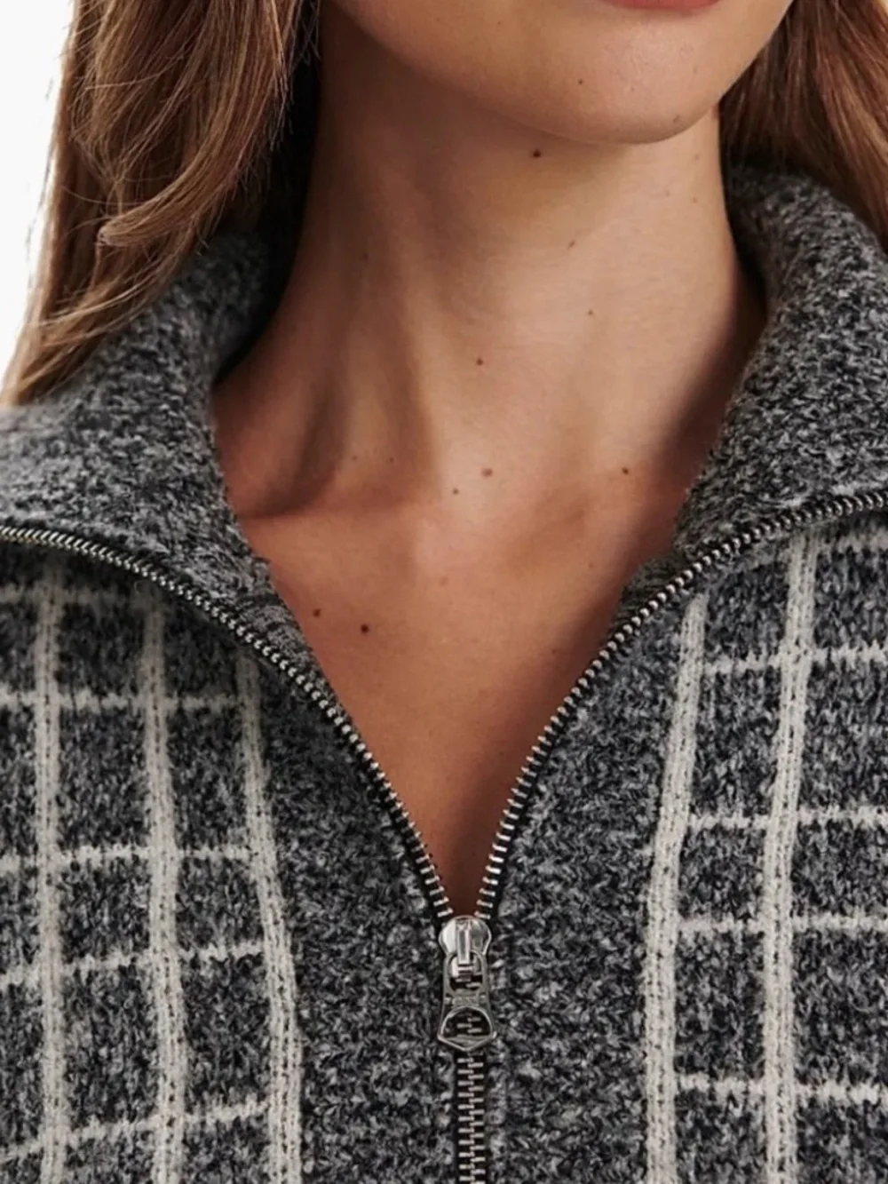 Varley Furley Half‎ Zip Knit Sweater Plaid Grey White Women’s Size XS